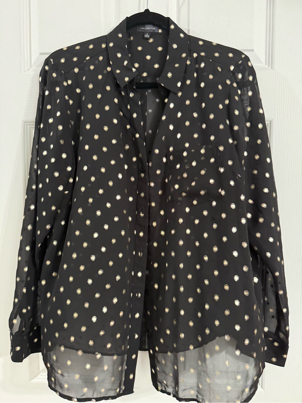 New The Limited women’s Black Sheer Blouse with Gold Dot Pattern XL